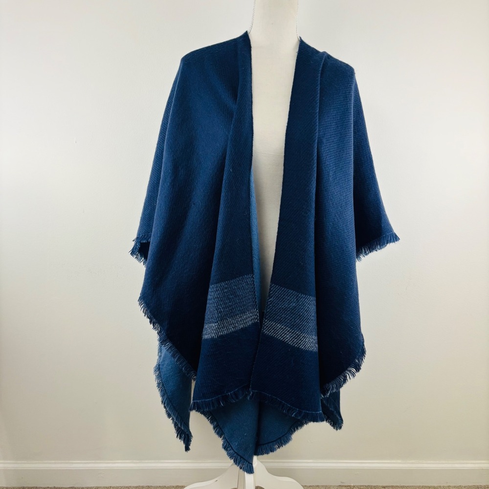 Woolrich Reversible Blue Fringe Poncho Wrap Cape Shawl Blanket One Size